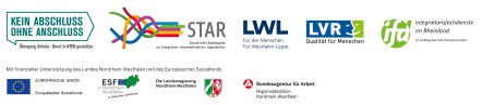 Das Bild zeigt die Logos von STAR – Schule trifft Arbeitswelt, KaoA – Kein Anschluss ohne Abschluss, Landschaftsverband Rheinland, Ministerium für Arbeit, Gesundheit und Soziales des Landes Nordrhein-Westfalen, Europäische Union, Ministerium für Schule und Bildung des Landes Nordrhein-Westfalen, Bundesagentur für Arbeit Regionaldirektion Nordrhein-Westfalen, IFD – Integrationsfachdienste im Rheinland und Landschaftsverband Westfalen-Lippe.