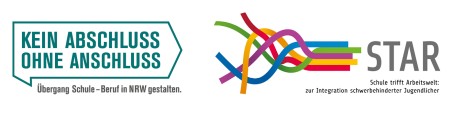 Logo KAoA Schriftzug kein Abschluss ohne Anschluss auf grünem Grund; bunte Linien, daneben Schriftzug STAR in grau