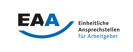 Logo der EAA - Einheitliche Ansprechstellen für Arbeitgeber. Schriftzug ist in schwarz und blau dargestellt.