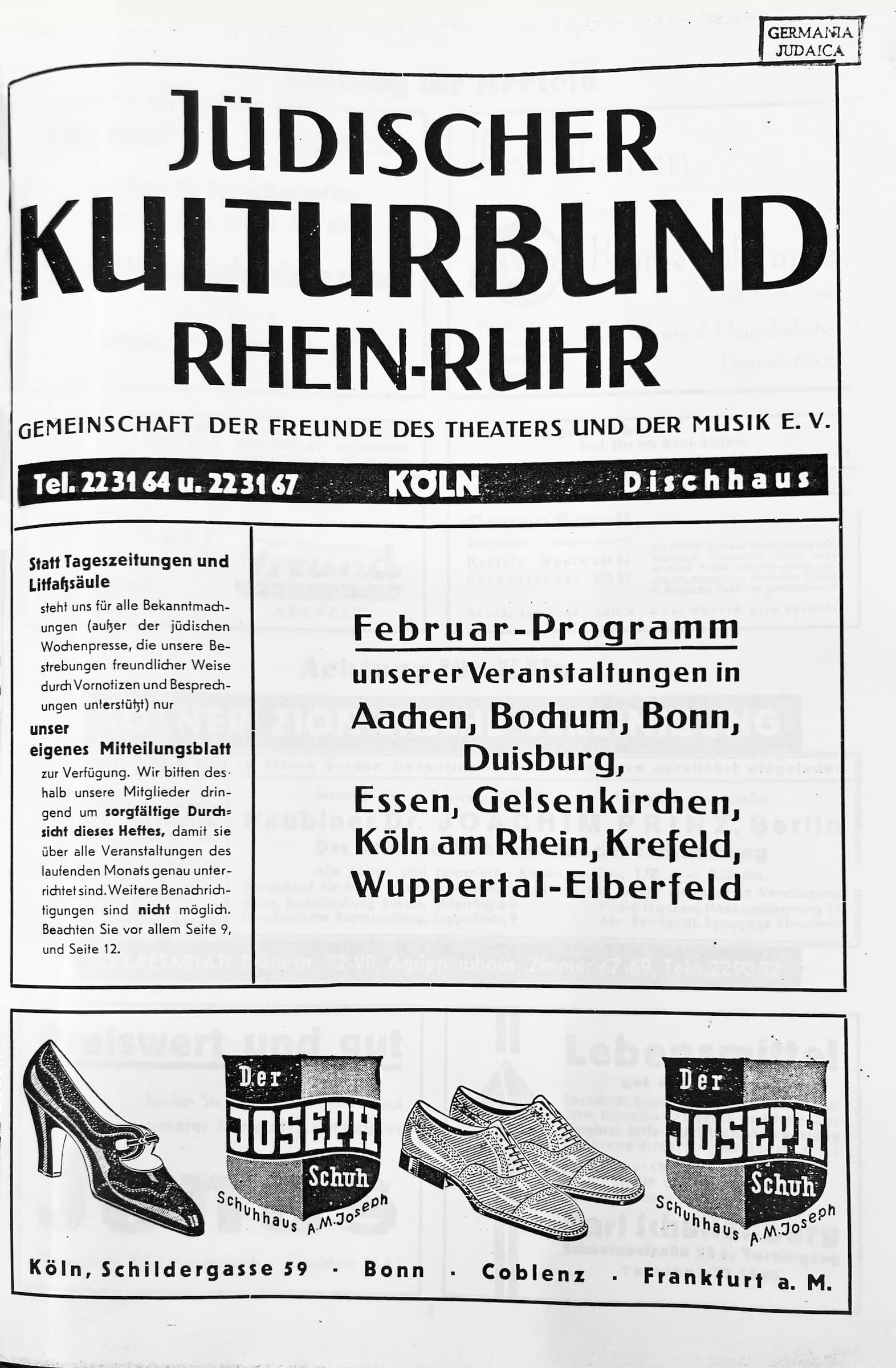 Titelblatt des Programmhefts von Februar 1934 des Jüdischen Kulturbunds Rhein-Ruhr. Textauszug "Februar-Programm unserer Veranstaltungen in Aachen, Bochum, Duisburg, Essen, Köln a.Rh, Krefeld, Wuppertal-Elberfeld"