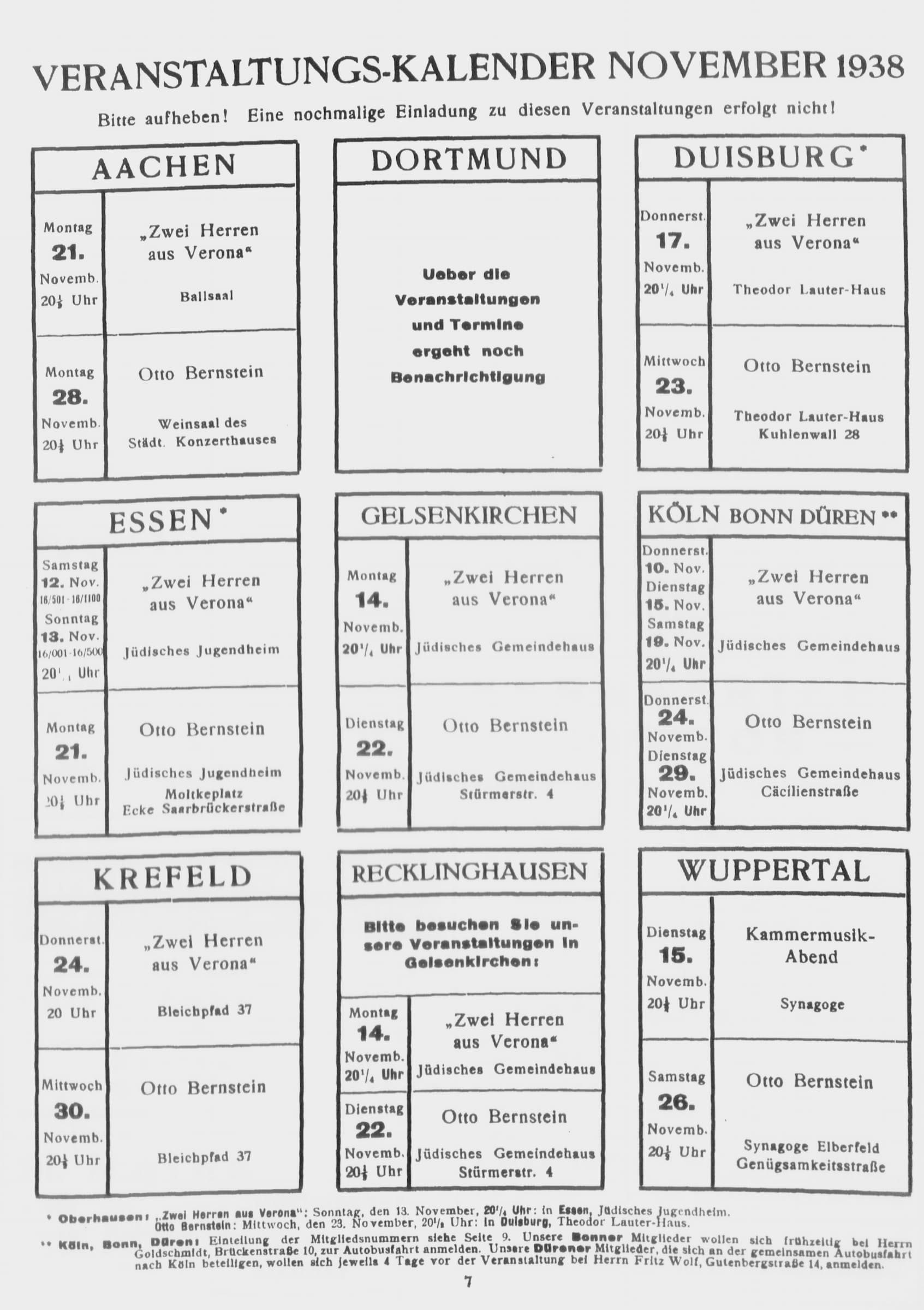 Veranstaltungen in der Ausgabe des Programmblatts von November 1938.