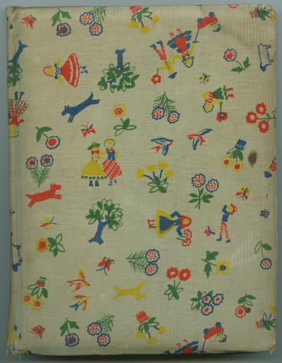 Umschlag eines Kinderpoesiealbums, Farben sind Creme Hintergrund, Rot, Blau, Grün, Gelb und Symbole von Personen sowie Pflanzen