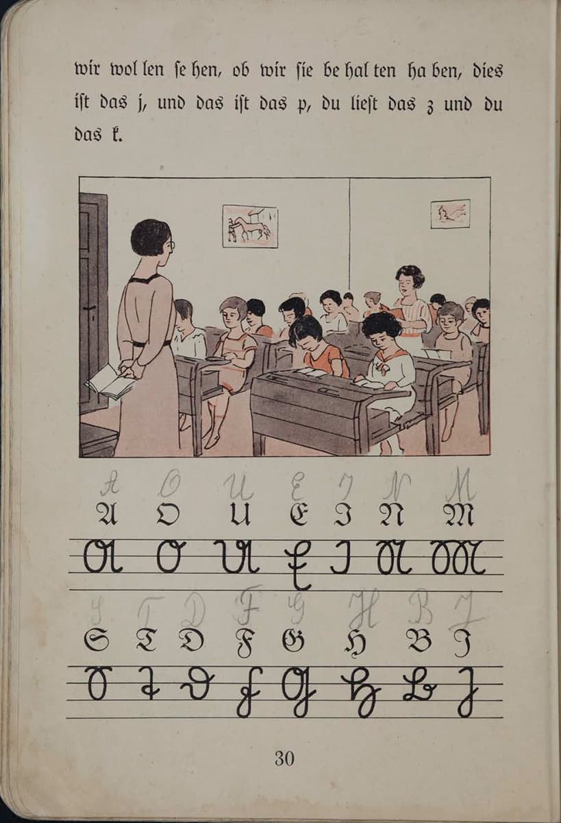 Das Bild zeigt ein Klassenzimmer mit vielen Kindern und einer Lehrerin, die vorne vor der Klasse steht. Ein Kind liest gerade etwas vor während die andern konzentriert mitlesen.  Darunter sind Handschriftliche Buchstaben in einem Gitter geschrieben und über ihnen einmal die Druckschrift Version, um den Kindern beizubringen wie man die Buchstaben auch in Schreibschrift schreiben kann.