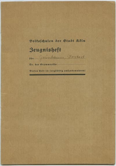 Jahreszeugnisheft der Israelitischen Volksschule Lützowstraße, 1. Schuljahr für Norbert Grünbaum, 1936. © Kim Marder