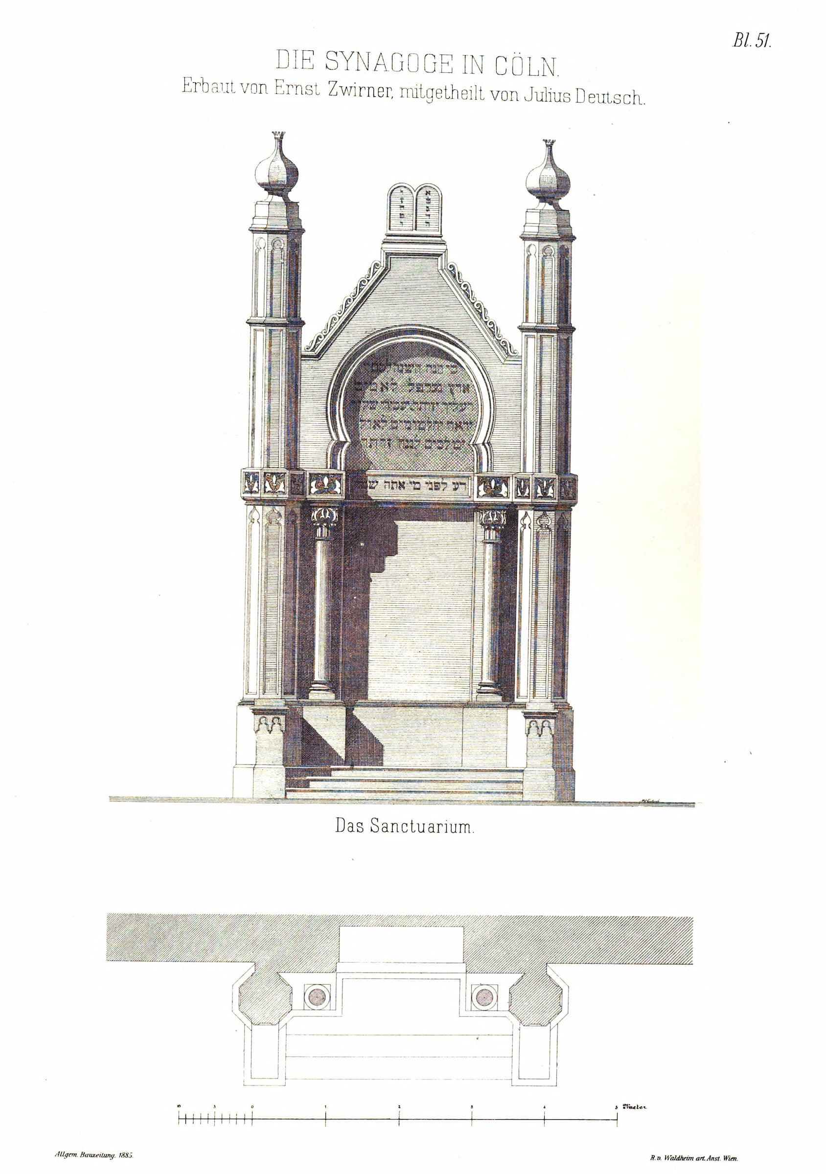 Architektonische Zeichnung der Synagoge in Köln, zeigt verschiedene Ansichten und Details des Gebäudes mit genauen Maßen.