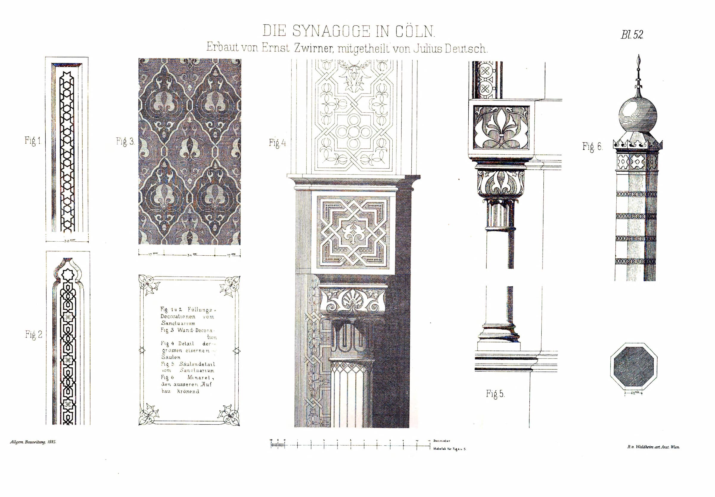Architektonische Zeichnung der Synagoge in Köln, zeigt verschiedene Ansichten und Details des Gebäudes mit genauen Maßen.