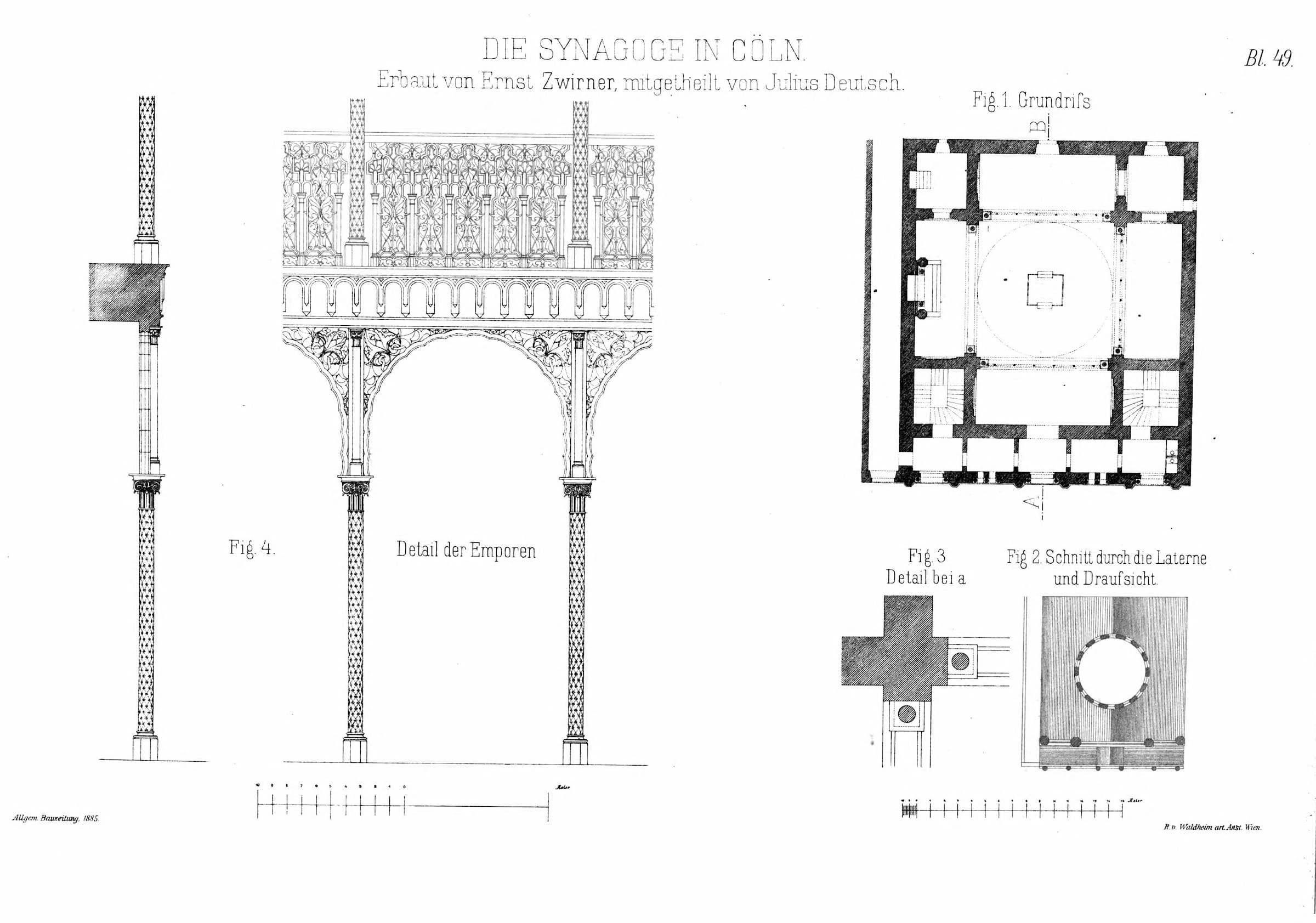 Architektonische Zeichnung der Synagoge in Köln, zeigt verschiedene Ansichten und Details des Gebäudes mit genauen Maßen