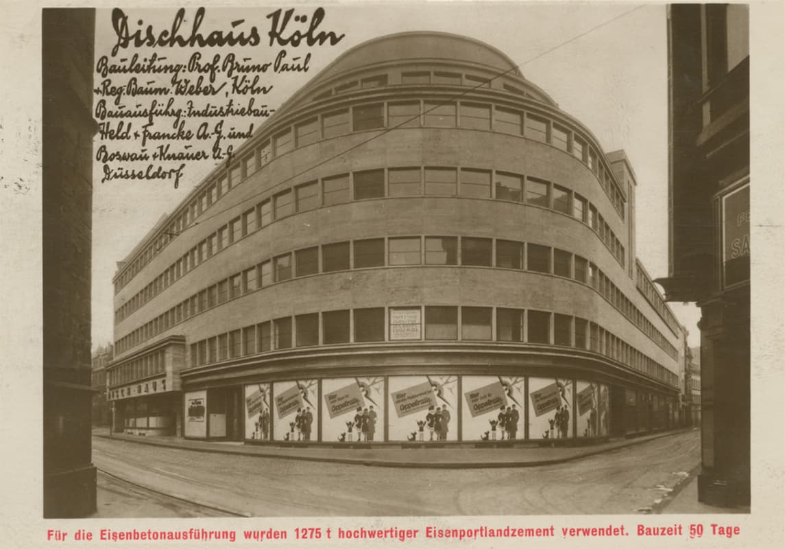 Historisches Foto Disch-Haus, Köln ca. 1930. Für die Eisenbetonausführung wurden 1275 t hochwertiger Eisenportlandzement verwendet. Die Bauzeit betrug 50 Tage. 