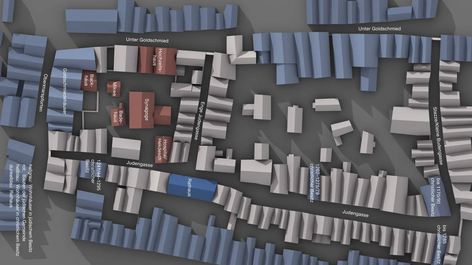 Eine Rekonstruktion einer Stadtkarte des jüdischen Viertels in Köln.  Häuser und Straßen sind zu sehen