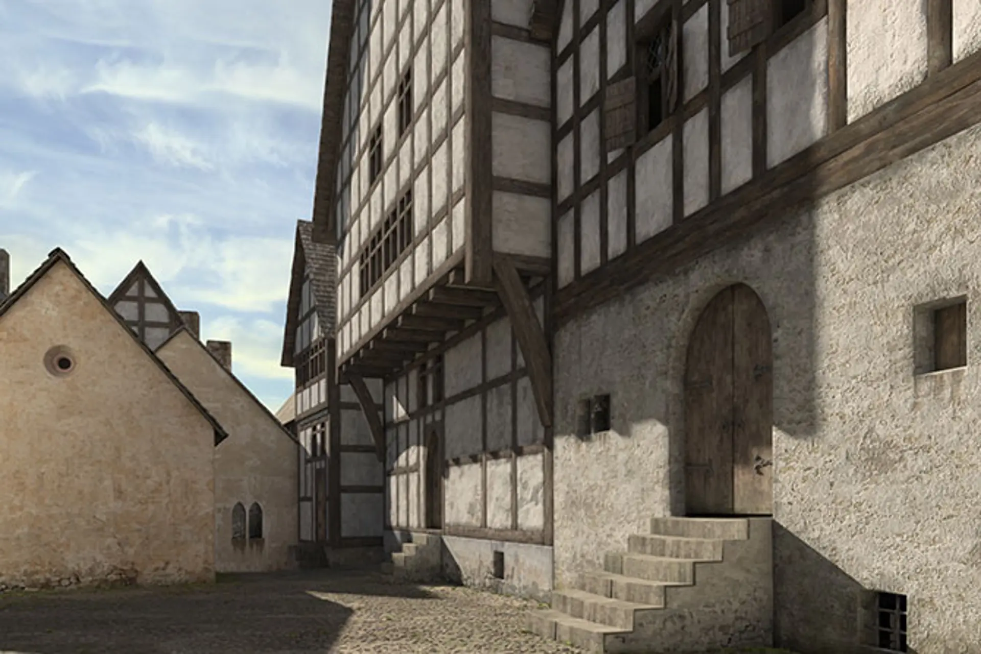 Eine Rekonstruktion, die ein Fachwerkhaus auf einem Hof zeigt.