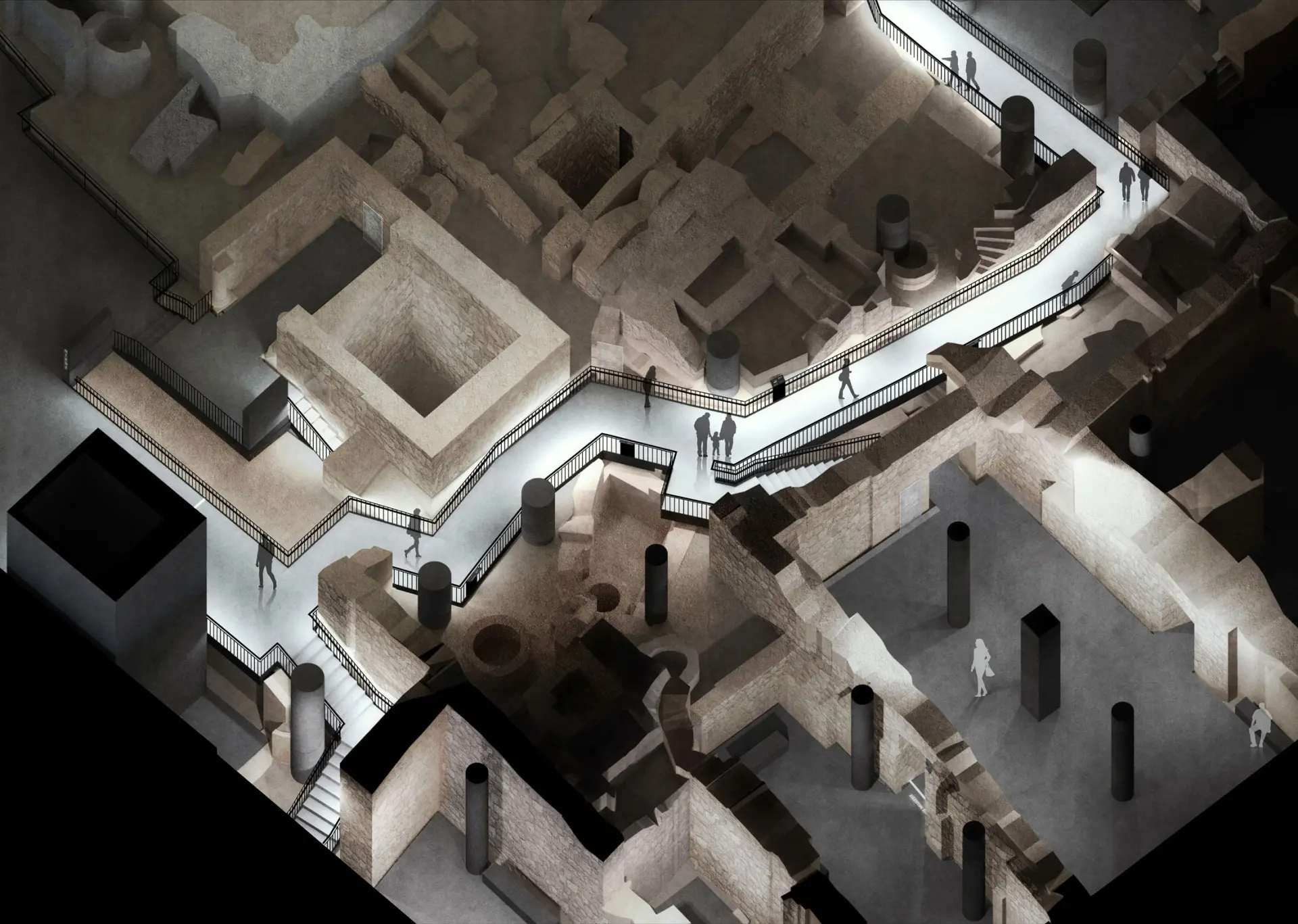 Ein Rundgang durch eine Archäologische Ausgrabung aus der Vogelperspektive.