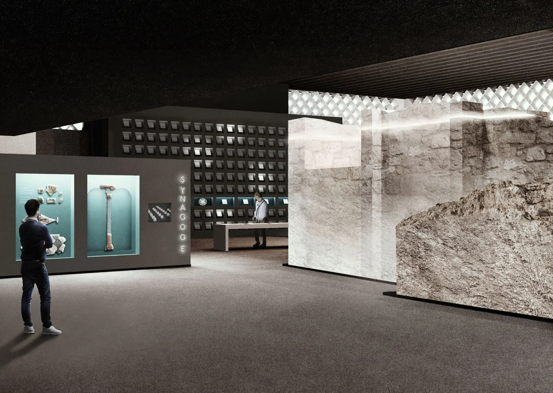 Eine Zeichnung eines Ausstellungsraums mit einer beleuchteten Vitrine links und einer Mauer rechts.