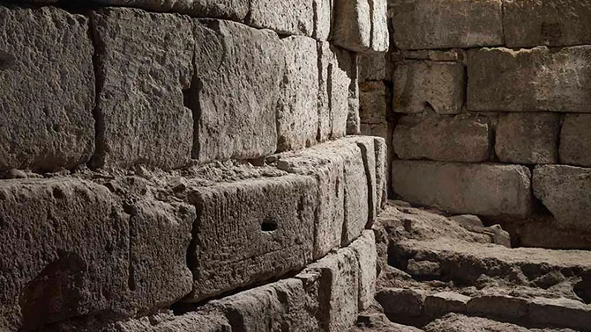 Ein schwarz-weiß Foto das große Steine zeigt die aufeinander gestapelt sind und eine Wand bilden.