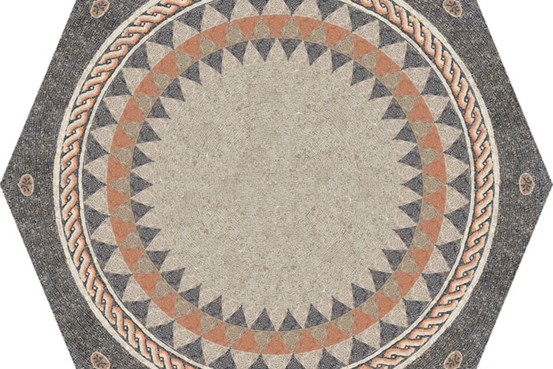 Eine Rekonstruktion eines Mosaiks im Kölner Praetorium. Das Mosaik ist aus kleinen blau-orange-grauen Steinen zusammengesetzt und ergibt ein rundes Muster.