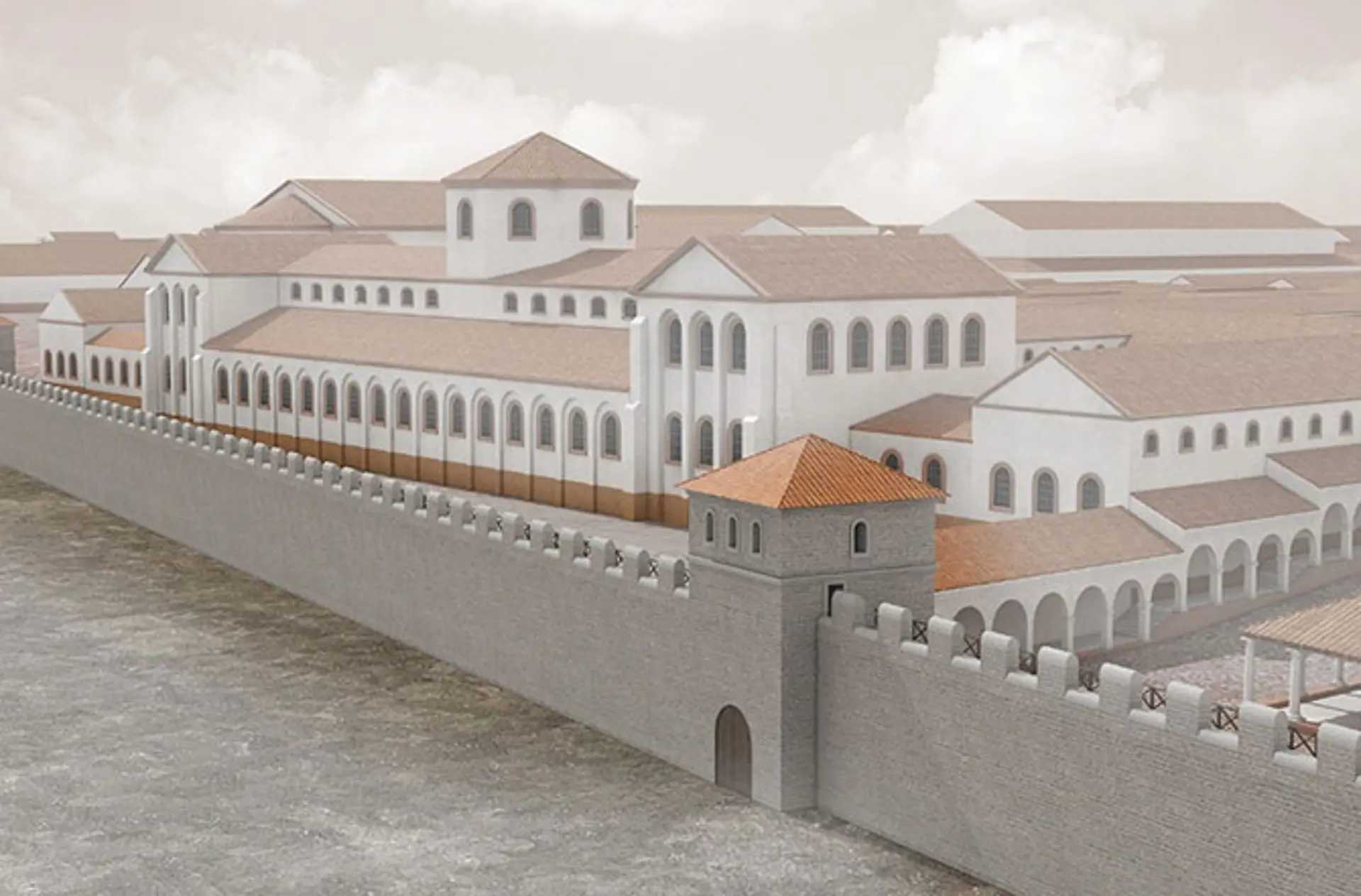 Eine digitale Rekonstruktion des Praetorium am Ende des 4. Jahrhunderts. Der römische Statthalterpalast ist mit orangenen Dachziegeln und weißen Hauswänden rekonstruiert. Der Palast wird von einer Mauer eingegrenzt.