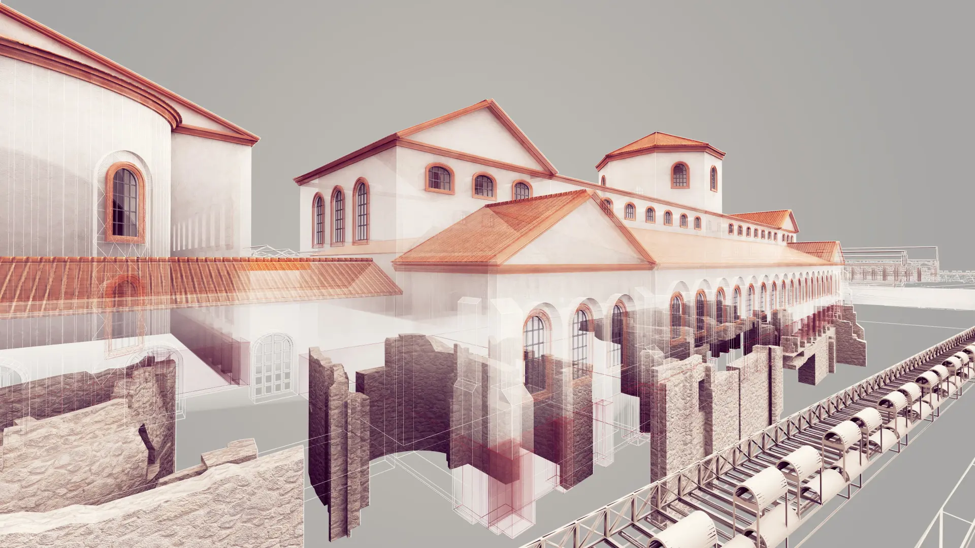 Rekonstruktion des Praetoriums. Im Boden ist das Fundament zu sehen, das in den Ausgrabungen von MiQua zu sehen ist. Die Wände werden nach oben hin digital nachgezogen, sodass der römische Stadthalterpalast digital rekonstruiert wird. Oben hat der Palast ein Dach aus roten Ziegeln und weiße Wände.