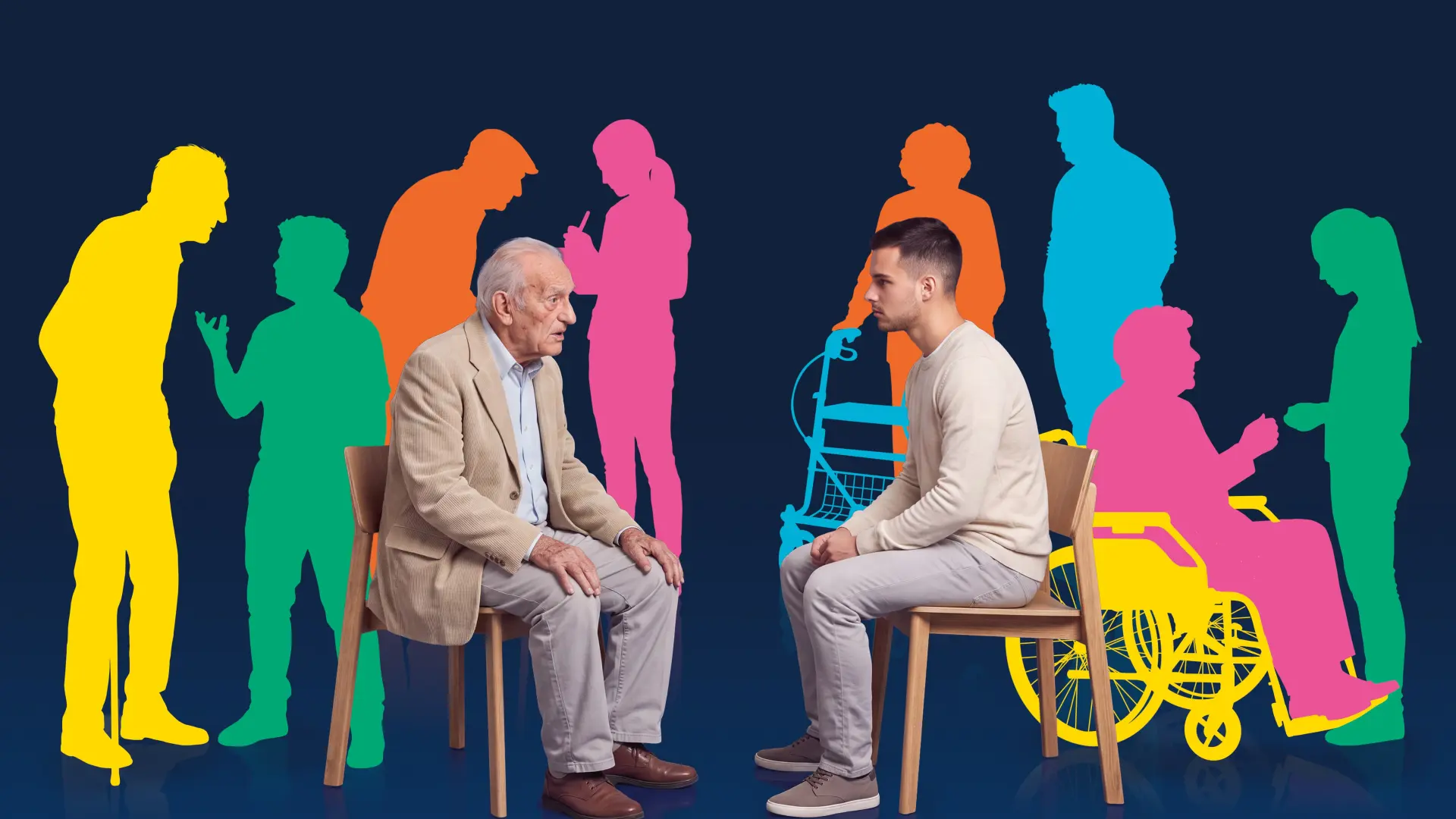 Ein junger an ein alter Mann sitzen sich vor einem dunklen Hintergrund gegenüber.  Links und rechst von ihnen sind ausgeschnittene, farbenfrohe Formen von Menschen in Bewegung zu sehen.
