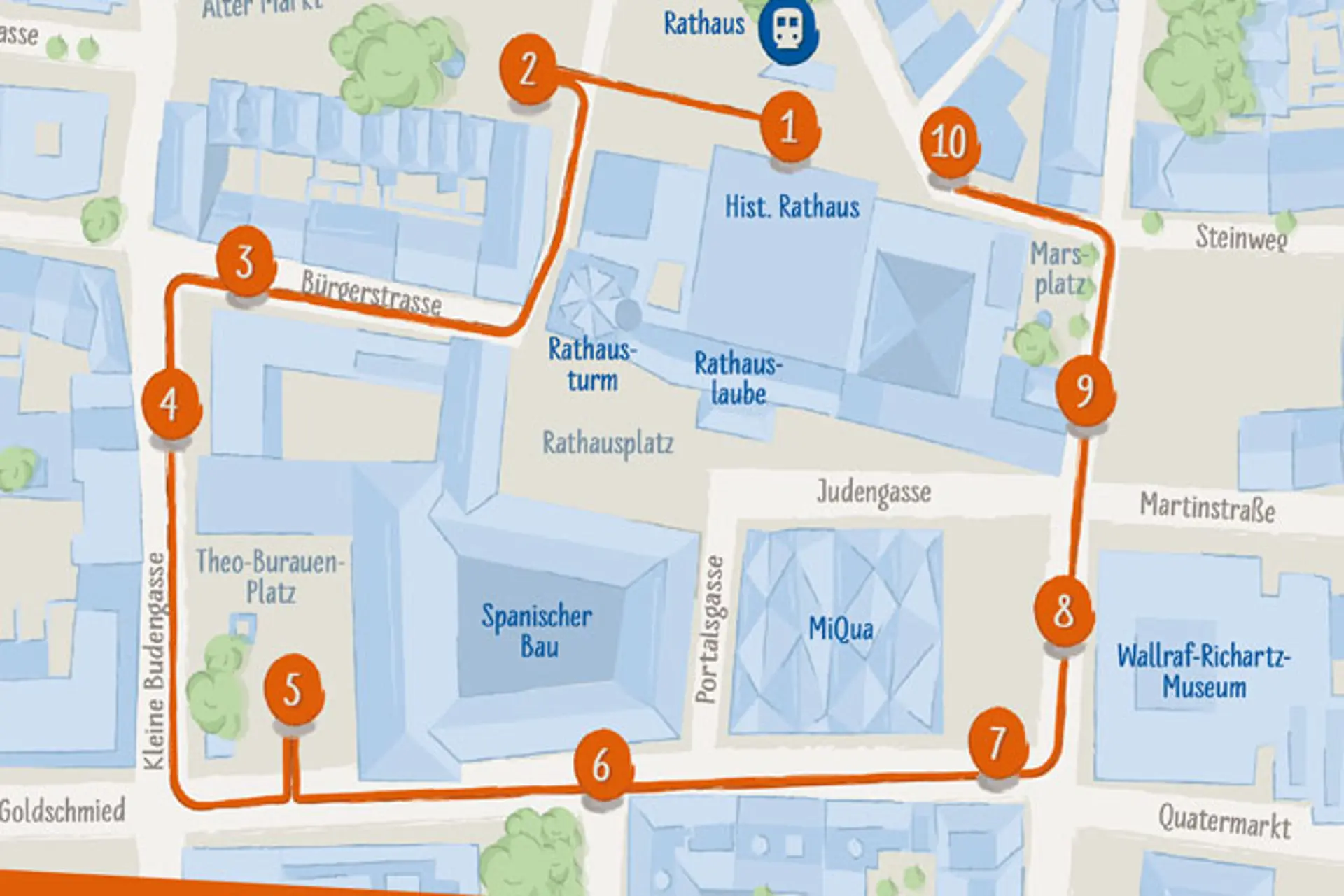 Eine bunte Landkarte die eine Route rund um den Rathausplatz in Köln aufzeigt.