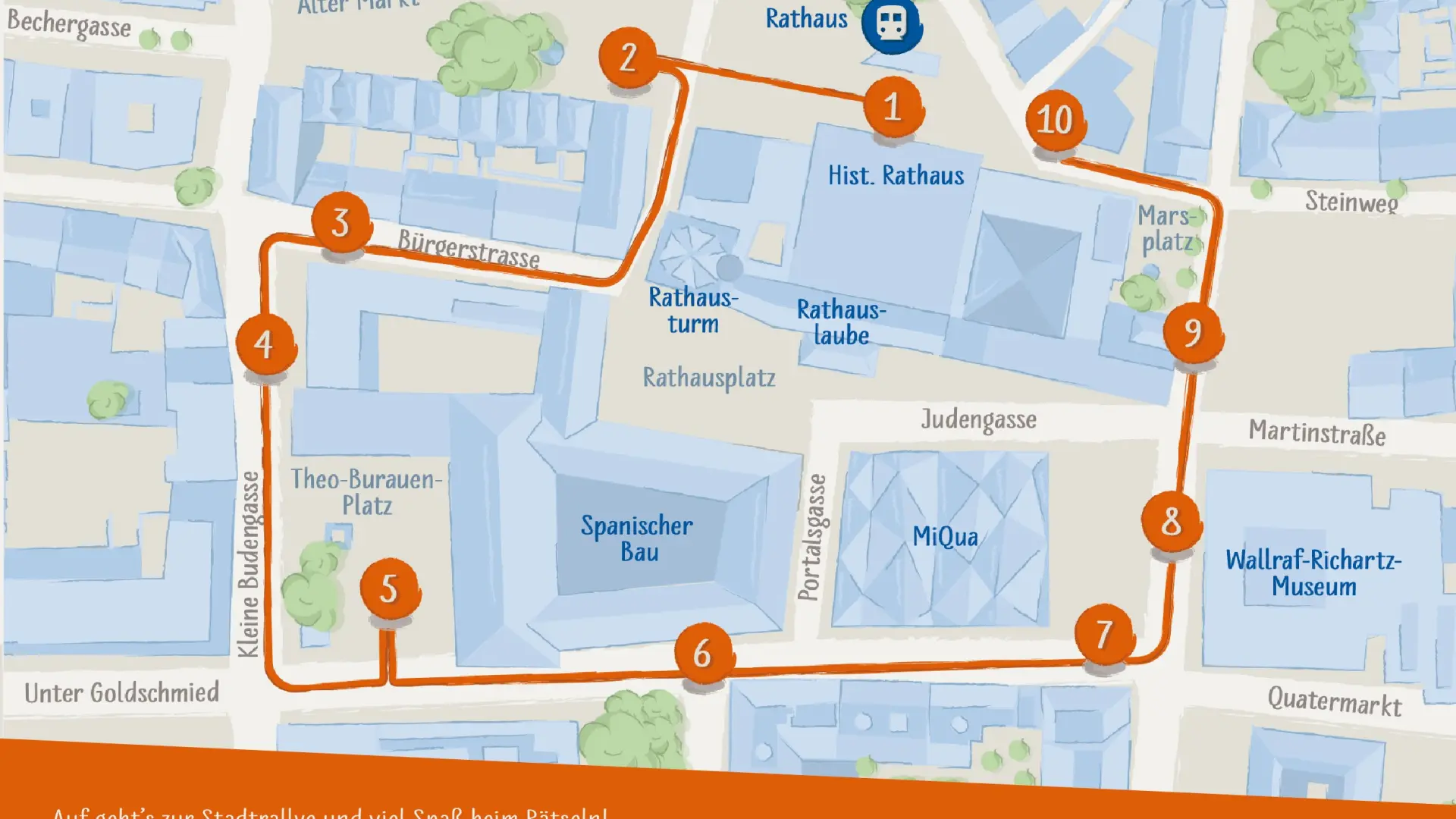 Eine bunte Landkarte die eine Route rund um den Rathausplatz in Köln aufzeigt.