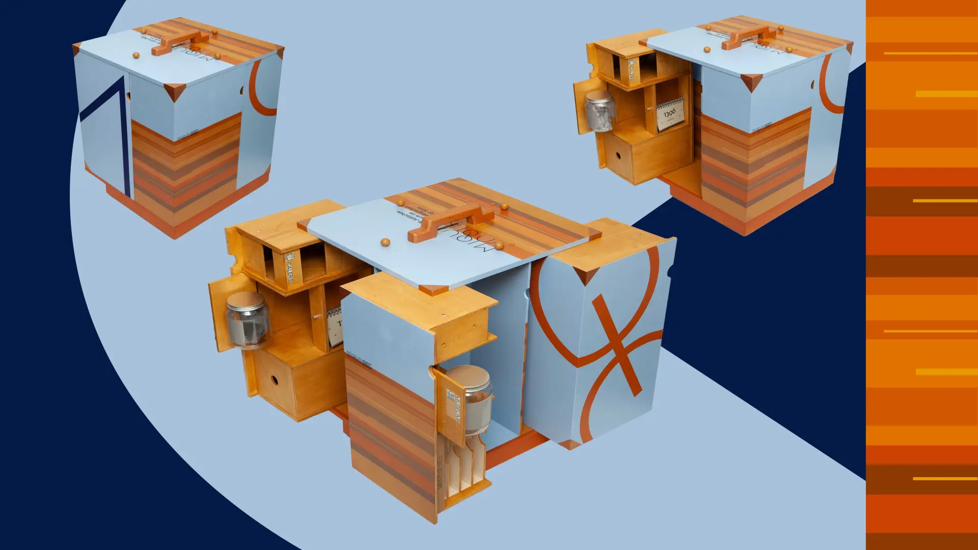 Ein Möbel in der Größe einer Waschmaschine der an verschiedenen Stellen ausgeklappt werden kann. 