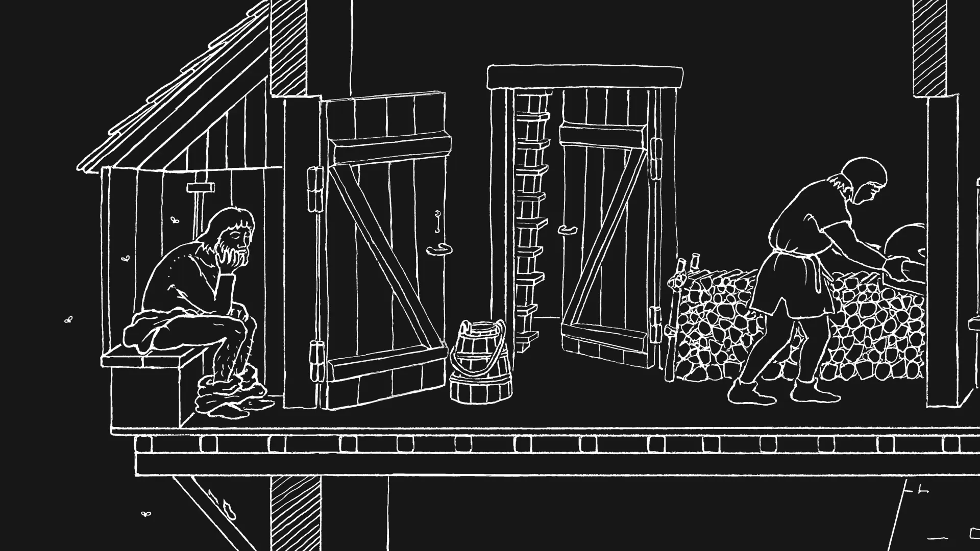 Ein Querschnitt durch einen Abtrittkerker.  Ein Mann sitzt auf einem Klo.