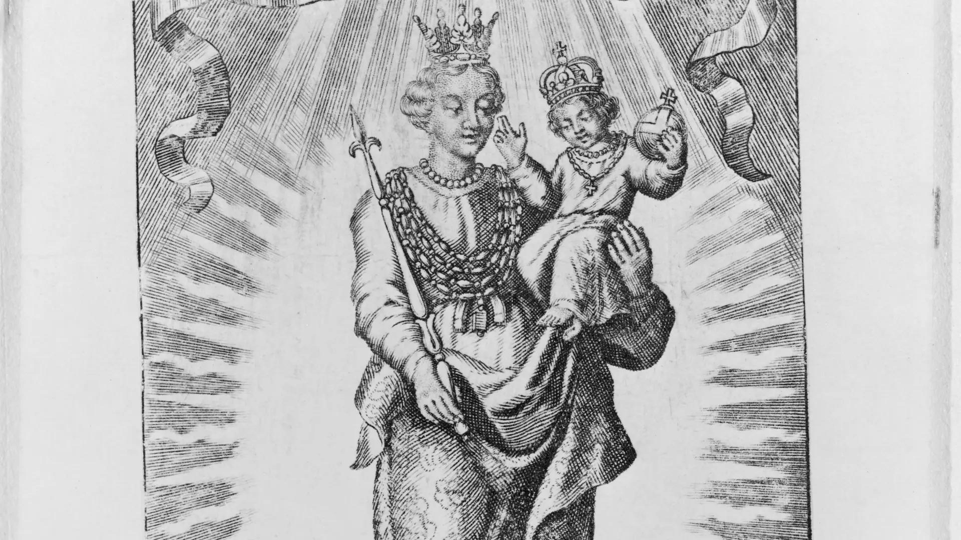 Eine schwarz-weiße Zeichnung einer Marienfigur mit Krone und Zepter, die einen Jungen mit Krone auf dem Arm hält.