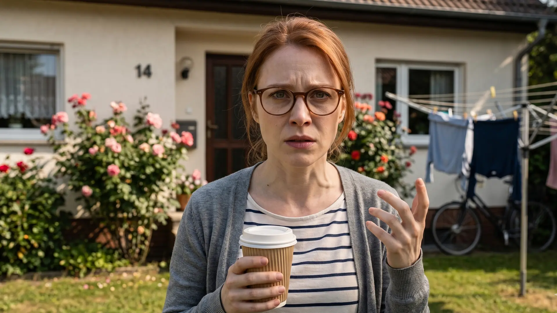 Eine junge Frau mit einem Kaffebecher in der Hand vor einem Haus. Sie blickt aufgeregt.