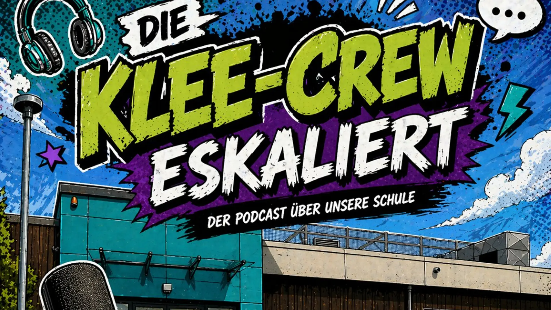 Auszug aus dem Podcast Cover: Stilisiertes Bild der Schule, davor ein Tisch mit Mikrofon, Tasse und Topfpflanzen