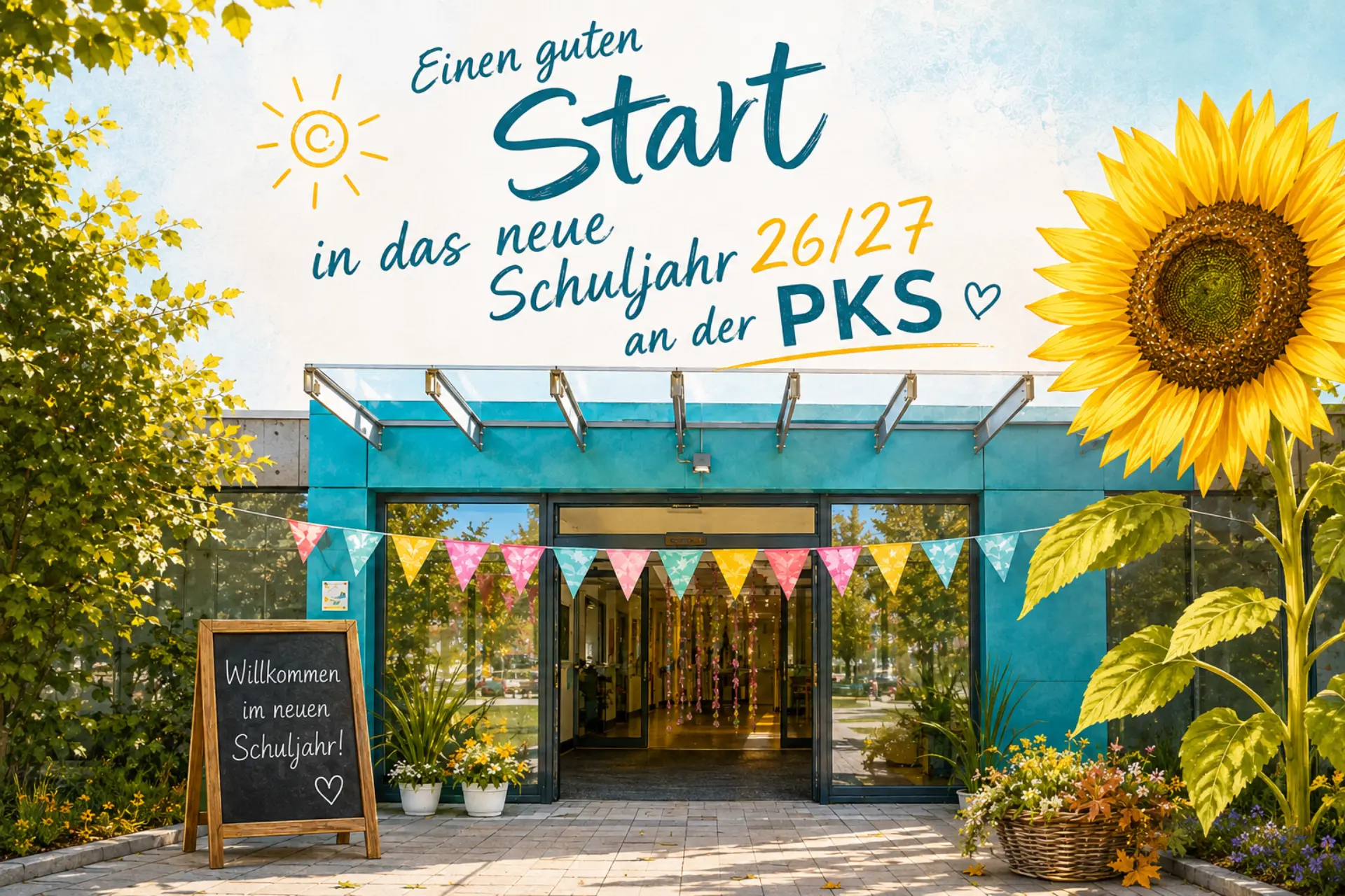 Bild der Schule mit großer Sonnenblume und Schrift "Einen guten Start in das neue Schuljahr 26/27 an der PKS"