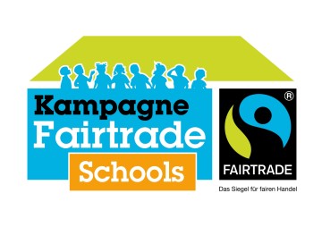  Logo der Kampagne Fairtrade Schools mit vielfältigen Kinder-Silhouetten unter einem grünen Dach und dem offiziellen Fairtrade-Siegel rechts.