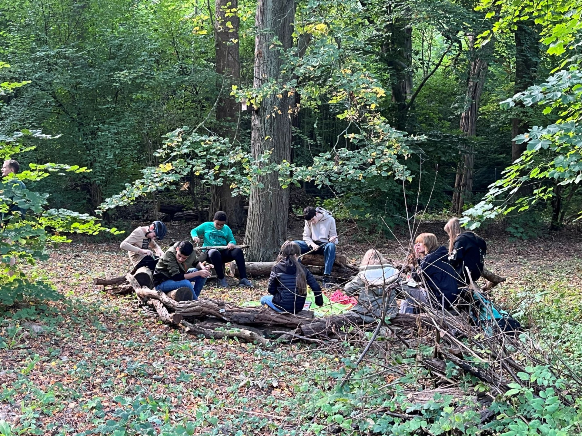 Eine Gruppe von Jugendlichen sitzt in einem Wald auf Baumstämmen im Kreis. Einige bearbeiten Stöcke, andere unterhalten sich, umgeben von dichtem Grün und Bäumen.