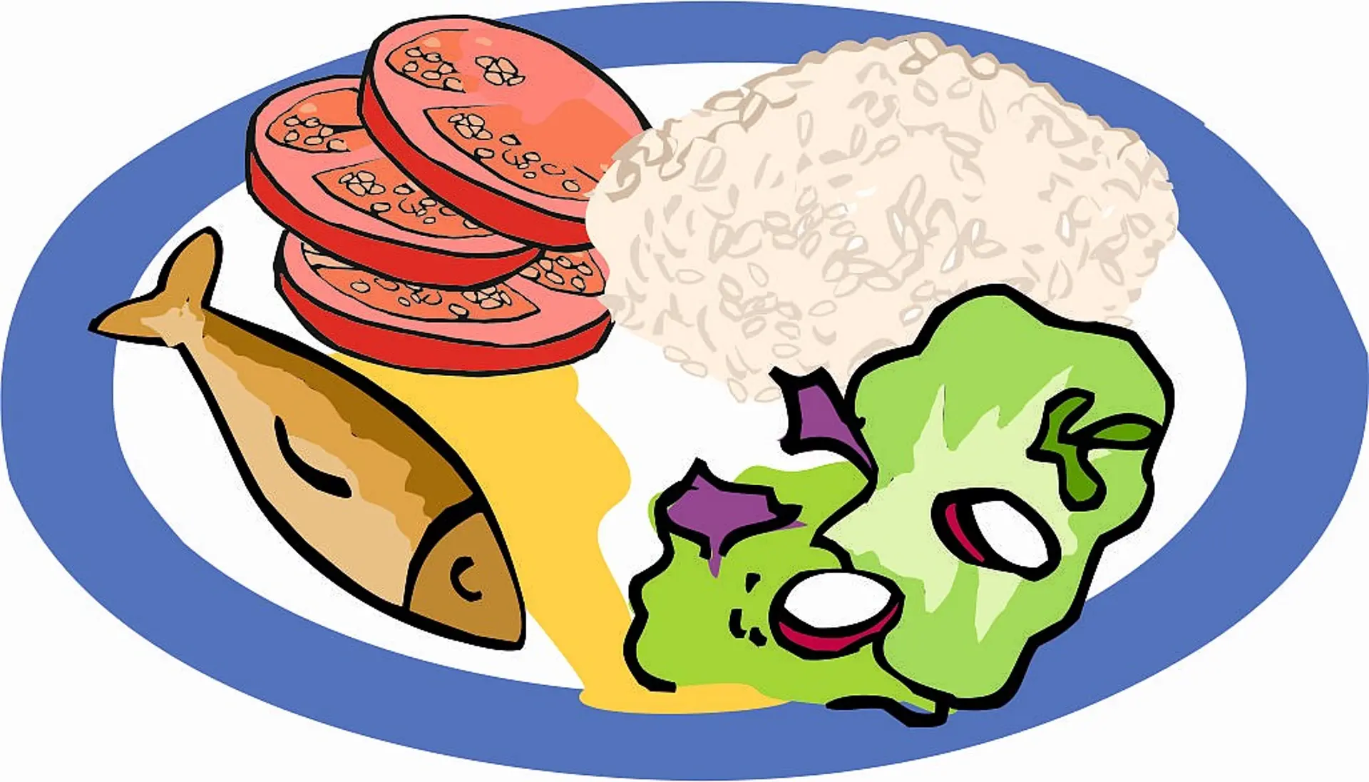Illustration von einem Teller, auf dem Fisch mit Reis, grüner Salat und Tomatenscheiben zu sehen sind.