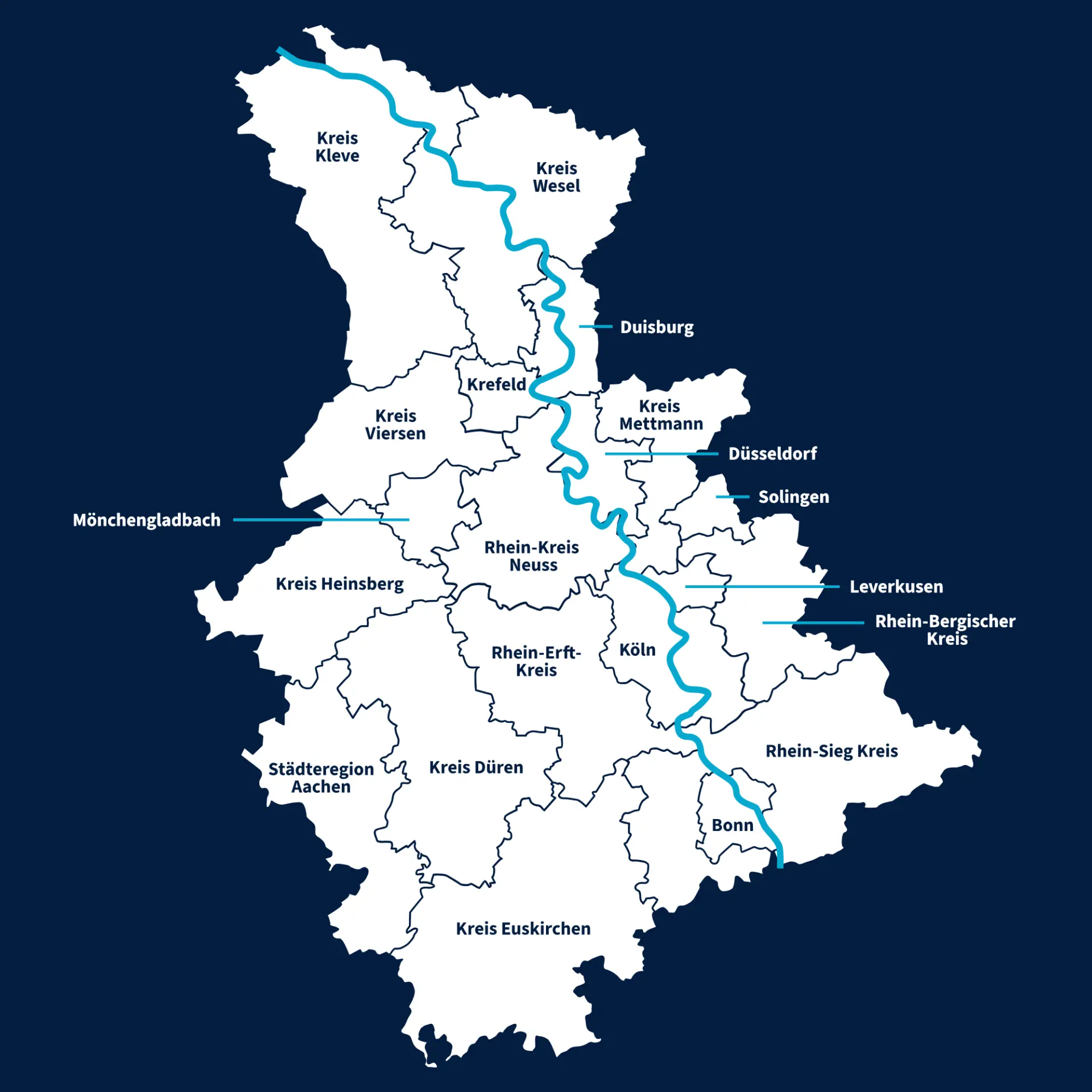 Karte mit den Kreisen und kreisfreien Städten im Rheinland, darunter Köln, Düsseldorf, Bonn und Duisburg, mit Flussverlauf in Blau auf dunklem Hintergrund