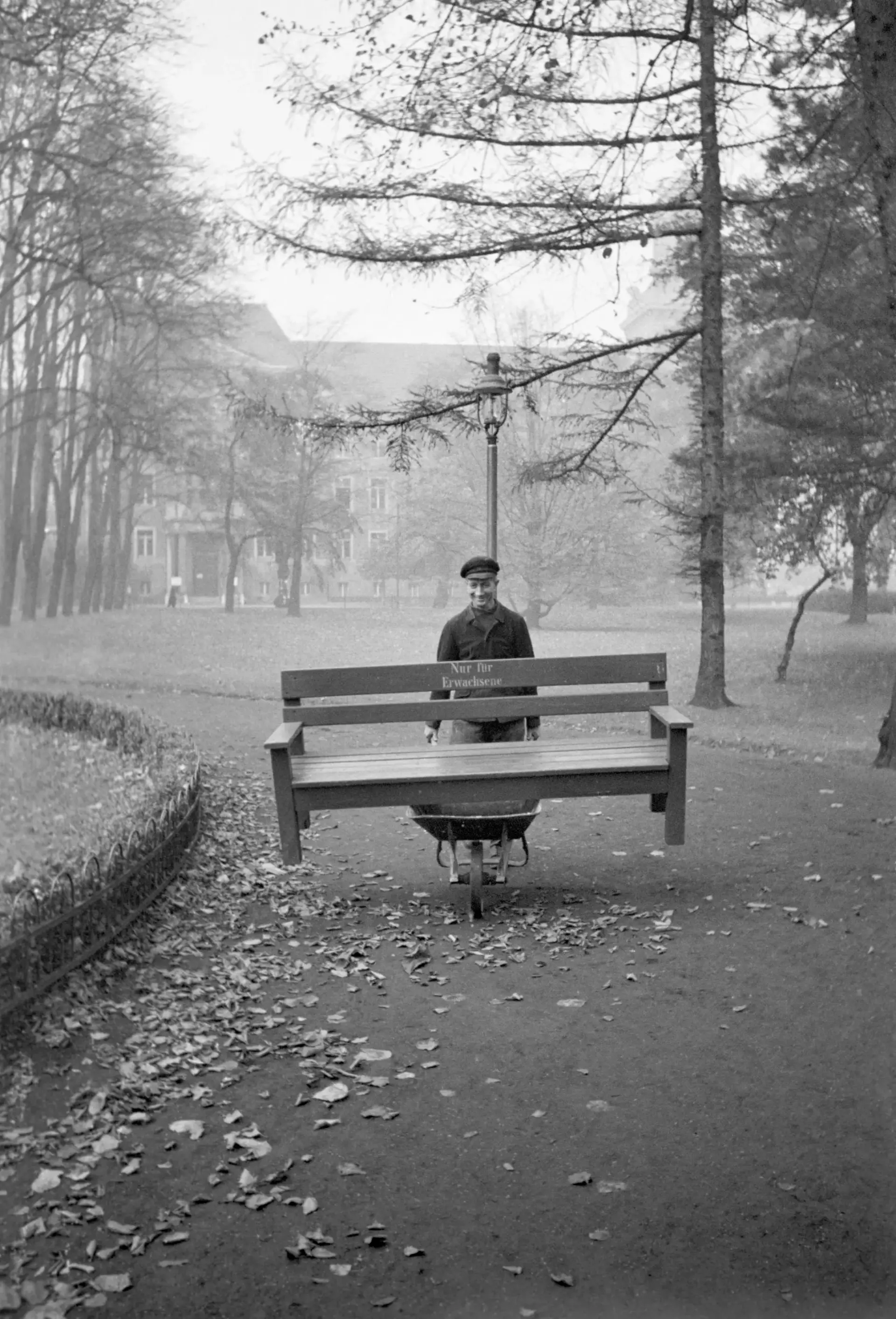 Ein Mann transportiert eine Parkbank mit einer Schubkarre.