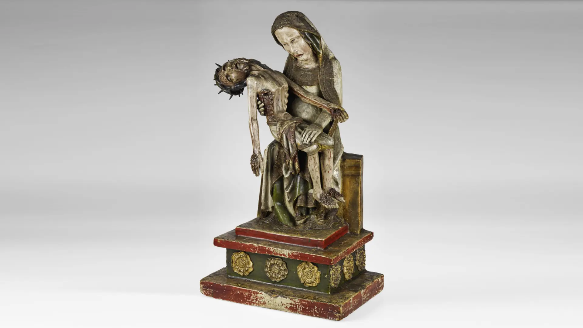 Eine Pièta aus dem Mittelalter, Madonna die den Tod ihres Sohnes Jesu beklagt