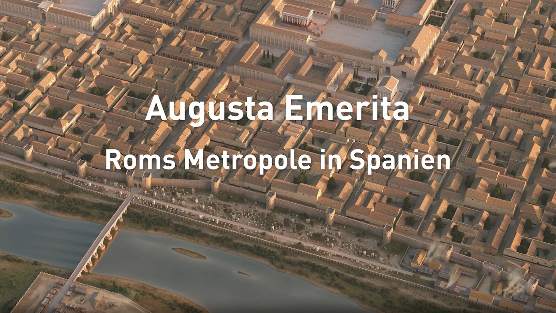 Luftaufnahme einer 3D Rekonstruktion der altrömischen Stadt Merida