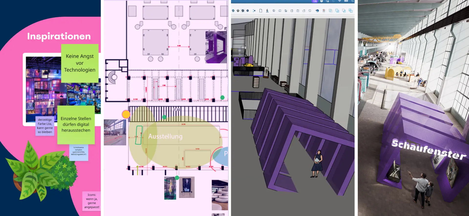 Ein digitales Moodboarad mit einem Gebäudegrundriß und farbig markierten Ausstellungsbereichen
