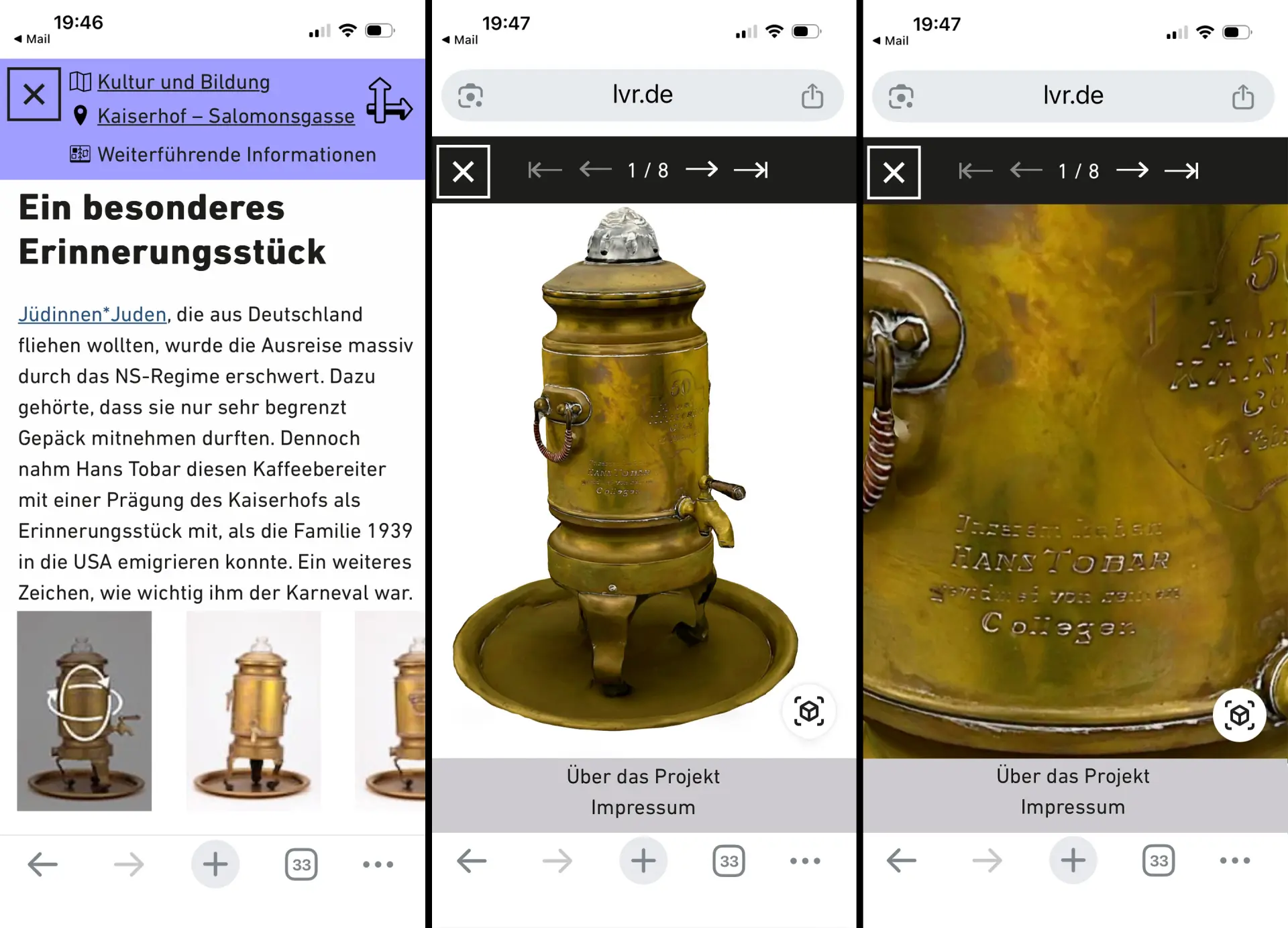 3 Screenshots des UX-Designs der Route 2 der Miqua App mit Focus auf dem 3D-Objekt Samowar