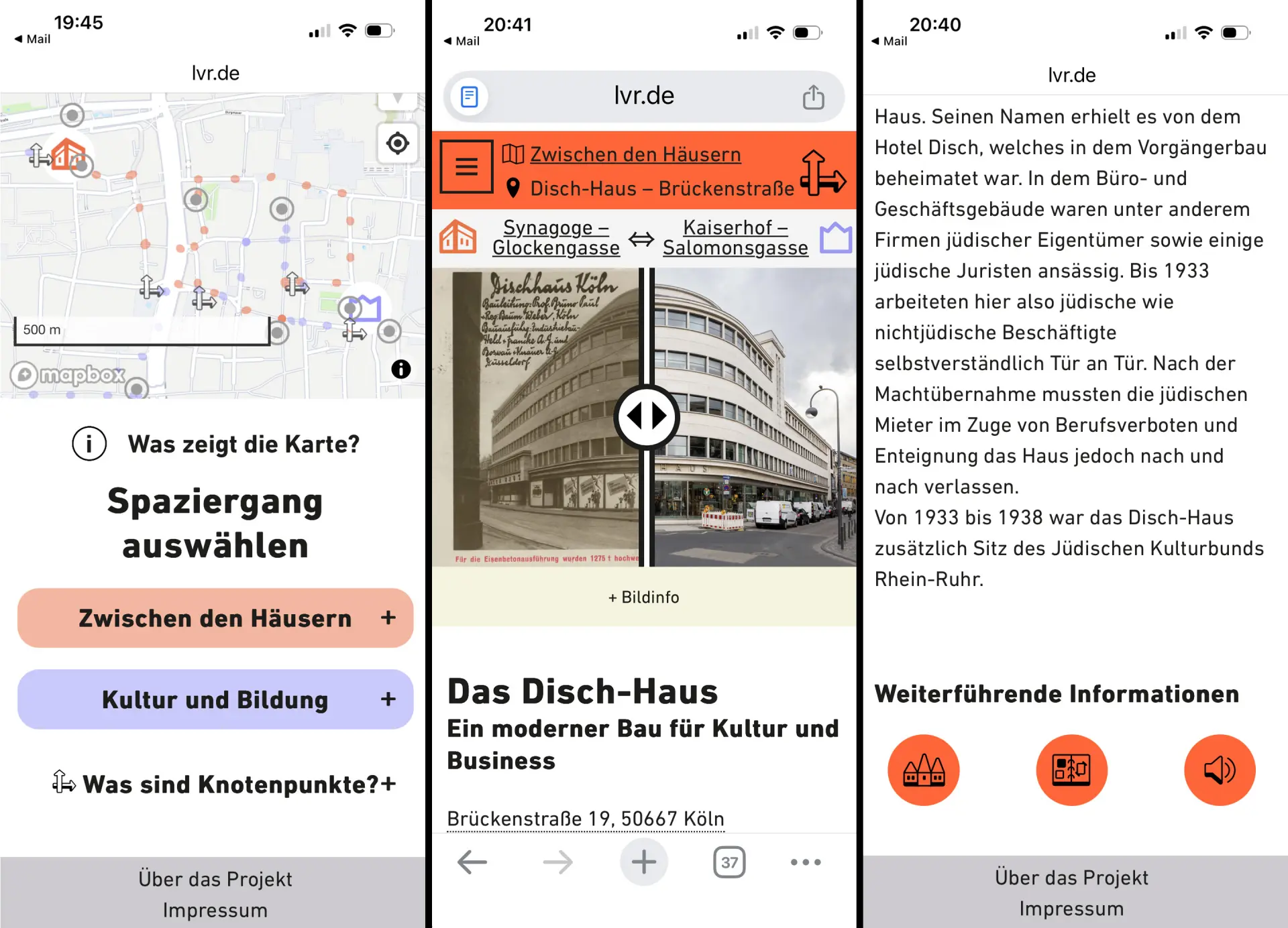 3 Screenshots des UX-Designs der Route 1 der Miqua App mit Focus auf dem Dischhaus