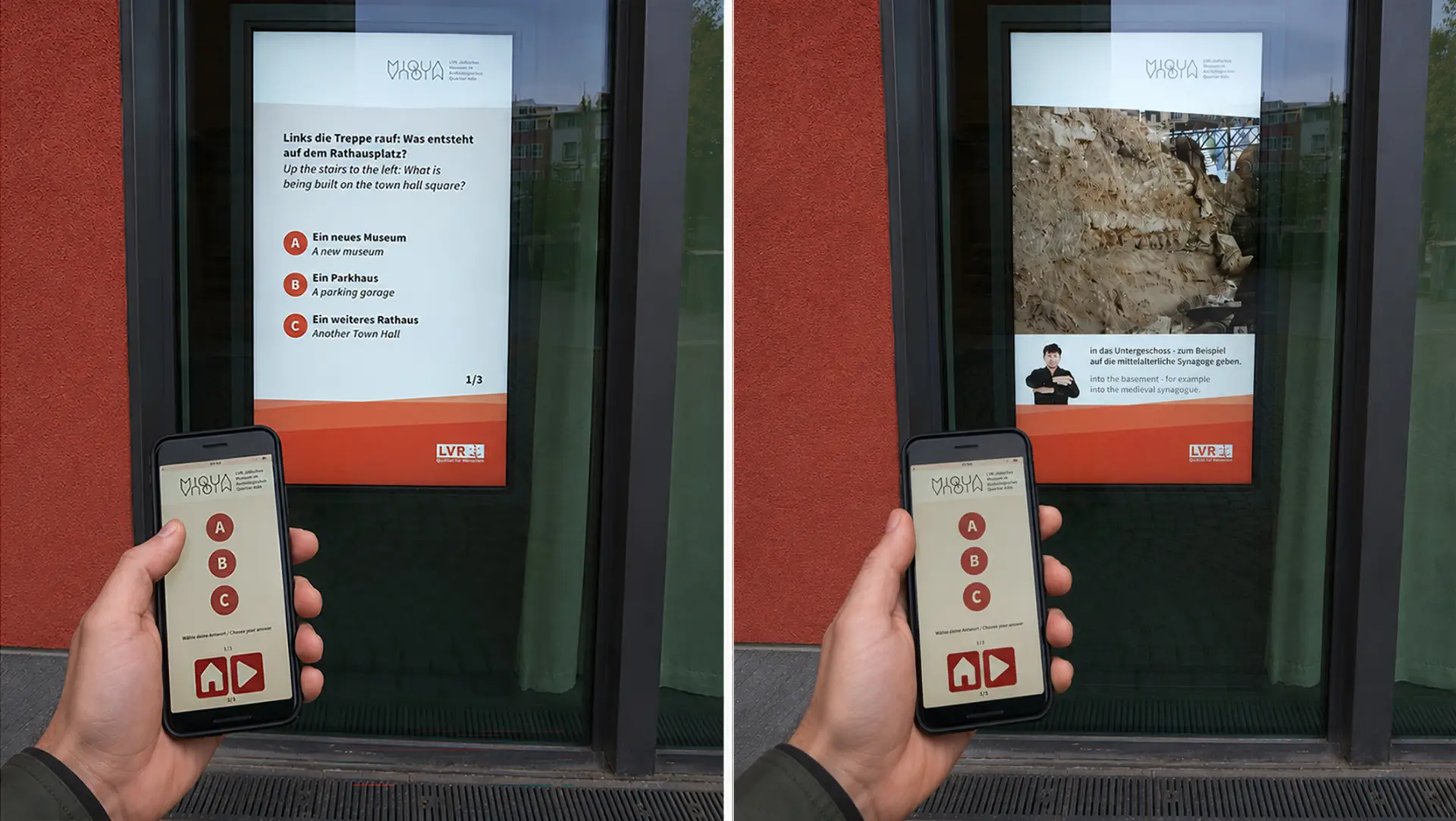 Auf zwei Bildern nebeneinander sieht man die digitaler Stele und je eine Hand mit einem Smartphone.Links sieht man die Steuerung und rechts die Beantwortung des Quiz mit einem mehrsprachigen Video