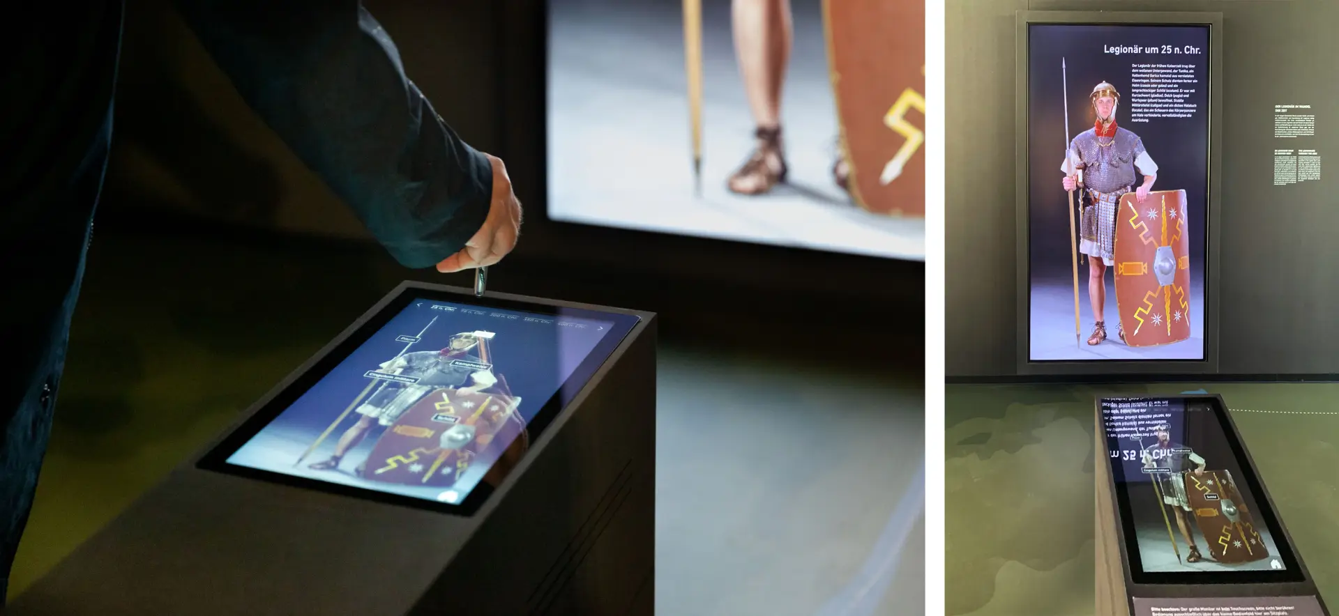 Eine Hand berührt mit einem digitalen Stift einen Touchscreen mit einem römischen Legionär